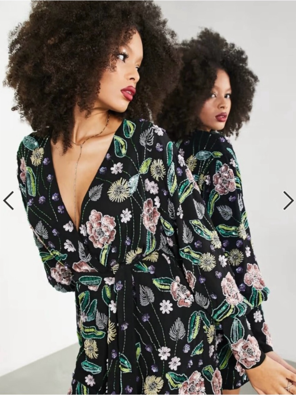 ASOS Beaded/Embellished Black Floral Wrap Mini Dress - Picture 2 of 11